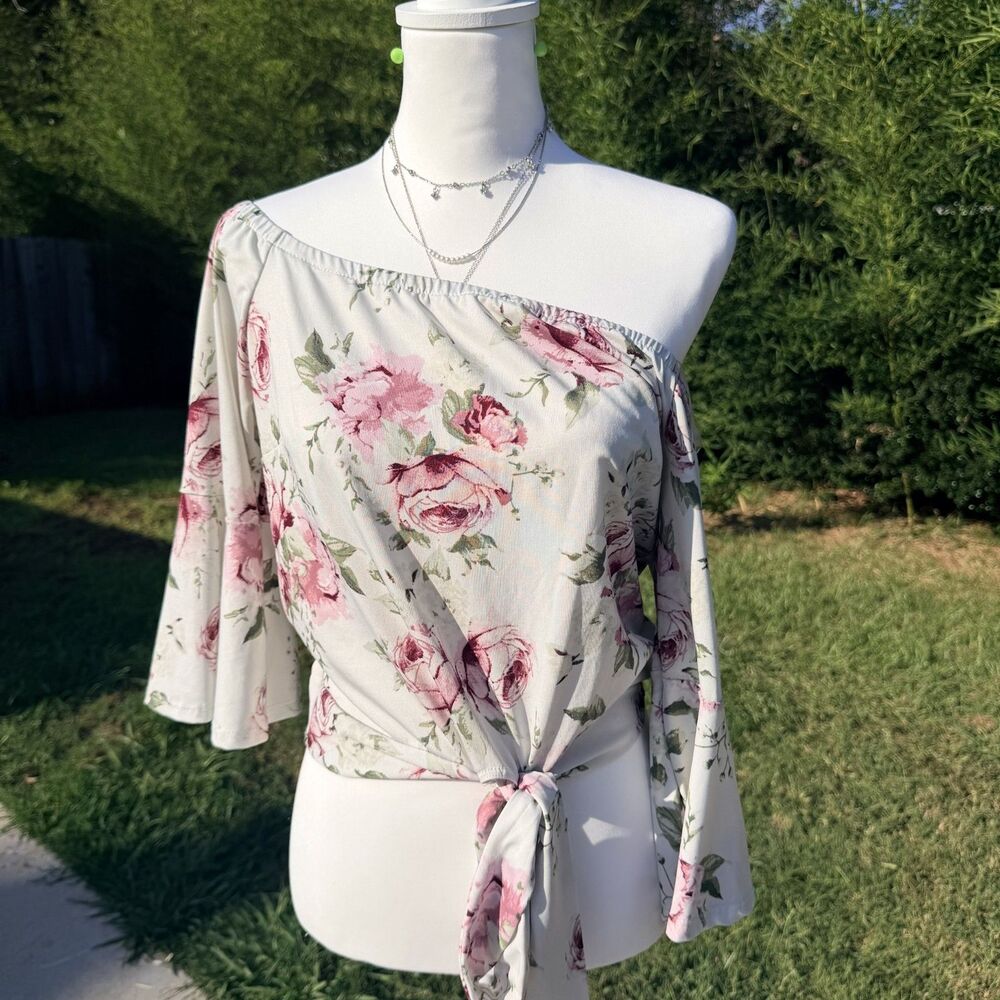 Charlotte Russe Floral Off Shoulder Bell Sleeve Blouse Size Large